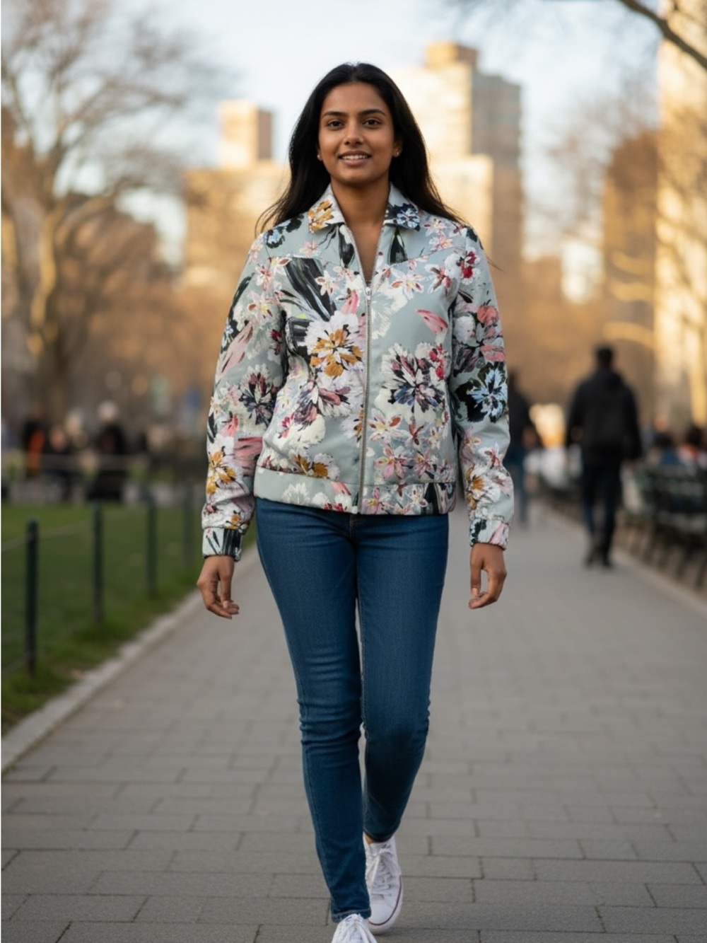 Floral Zip Bomber Jacket - Light Sage